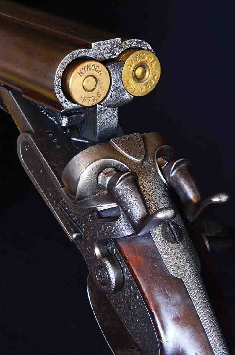 This combination gun in .577 Snider and 20-bore shotgun was probably manufactured sometime in the 1860s. Between finding Snider brass and 20-bore paper hulls (authenticity is everything) as well as a thorough strip-and-clean and a few internal corrections, getting it shooting again took a little work, but it was worth it.